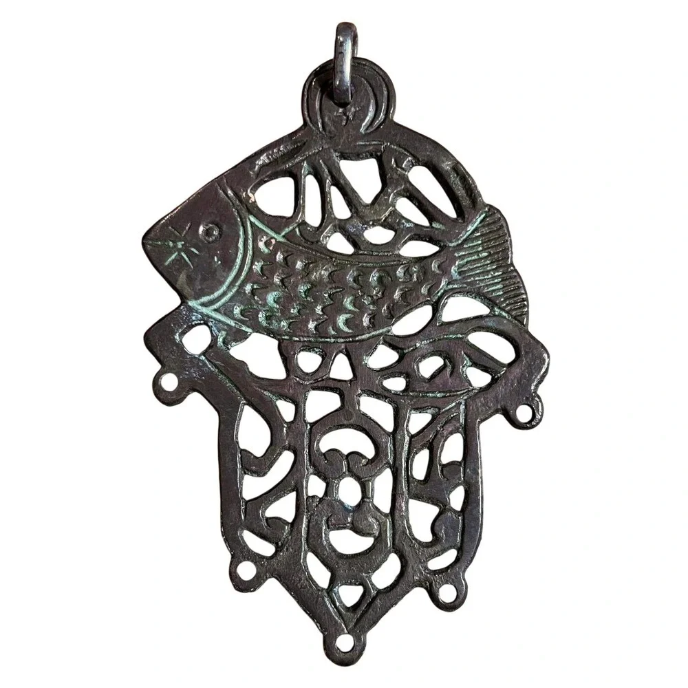 Vintage Brass Hamsa Wall Hanging Fish Mid Century Israeli Judaica Boho Spiritual